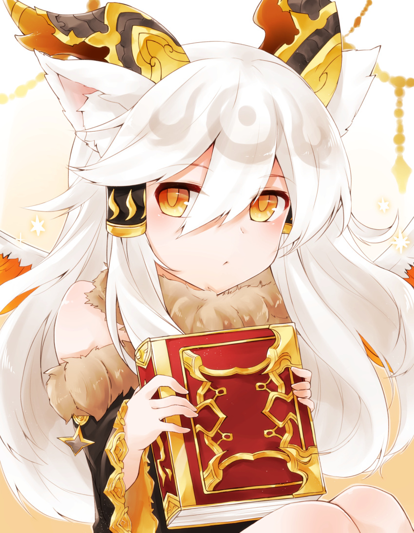 1girl, :<, animal_ears, book, detached_sleeves, hair_tubes, highres, horns
