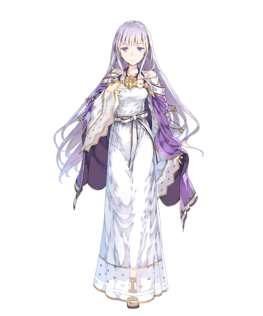 1girl, cape, detached_sleeves, dress, fire_emblem, fire_emblem:_seisen_no_keifu, fire_emblem_heroes, full_body, haimura_kiyotaka, hand_on_own_chest, highres, long_hair, looking_at_viewer, official_art, purple_hair, sandals, smile, solo, standing, tiara, transparent_background, violet_eyes, wide_sleeves, yuria_(fire_emblem)