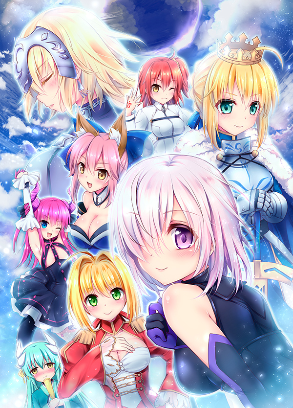 6+girls, ahoge, animal_ears, aqua_hair, armor, armored_dress, artoria_pendragon_(all), asymmetrical_legwear