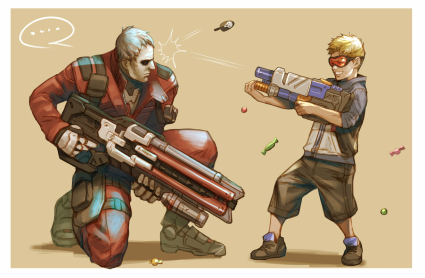 2boys, alternate_costume, armor, face_mask, immortal_soldier:_76, jacket, male_focus, mask, multiple_boys, open_clothes, open_jacket, overwatch, sae_(revirth), scar, short_hair, soldier:_76_(overwatch), solo, visor, white_hair