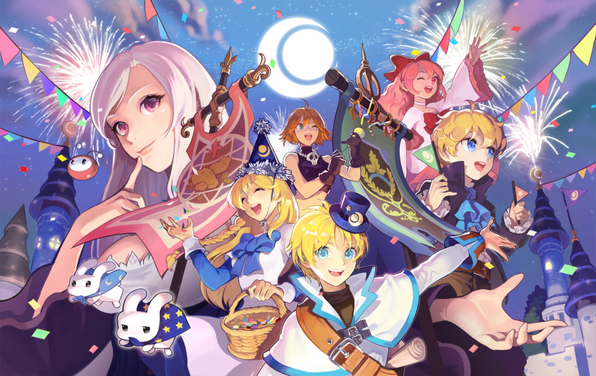 2boys, 4girls, :d, ;d, ahoge, anais_del_caril, banner, basket