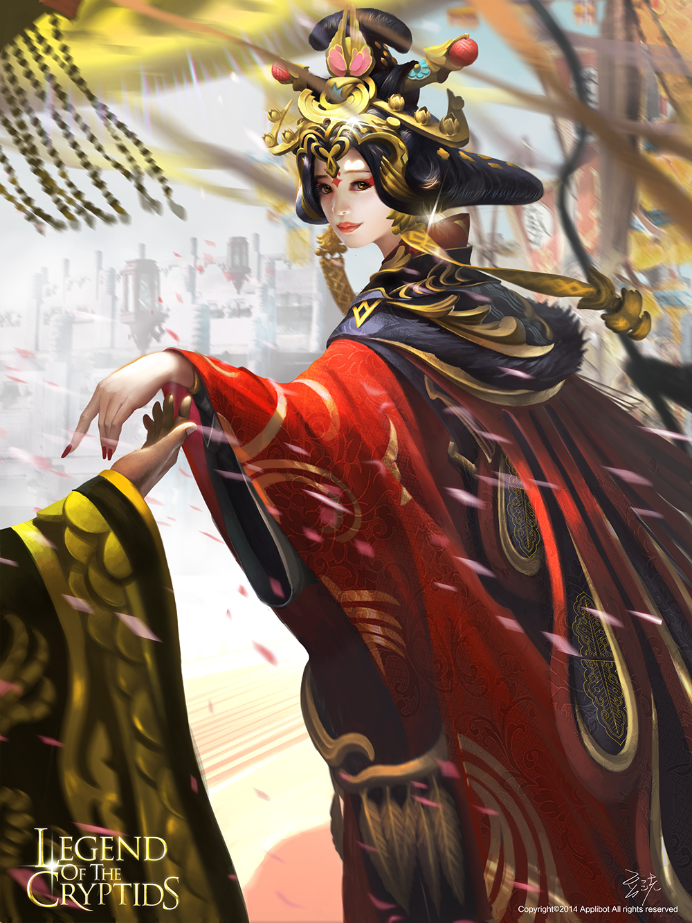 1girl, 2014, banner, black_hair, brown_eyes, chinese_clothes, copyright_name, dousanxian, hair_ornament, hair_stick, headpiece, highres, legend_of_the_cryptids, lipstick, long_hair, looking_at_viewer, makeup, nail_polish, official_art, out_of_frame, outdoors, pale_skin, petals, red_nails, solo_focus, standing, watermark, wide_sleeves, yang_guifei