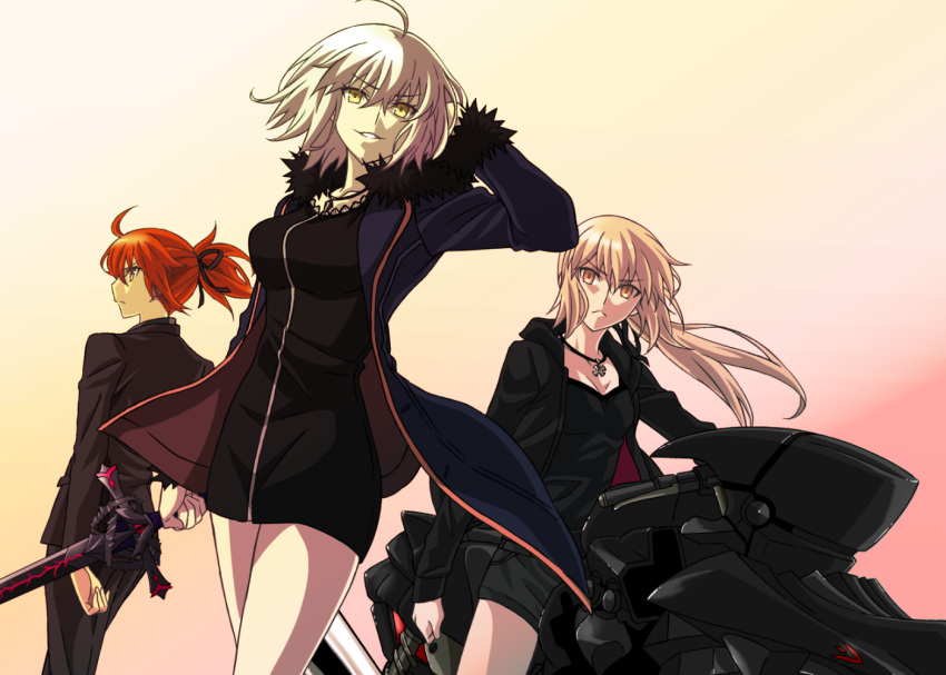 3girls, blonde_hair, casual, ebina_hidekazu, fate/grand_order, fate/stay_night, fate_(series), formal, fujimaru_ritsuka_(female), fur_trim, ground_vehicle, jacket, jeanne_alter, jewelry, motor_vehicle, motorcycle, multiple_girls, necklace, orange_hair, pale_skin, ponytail, ruler_(fate/apocrypha), saber, saber_alter, shorts, suit, sword, weapon, white_hair, yellow_eyes