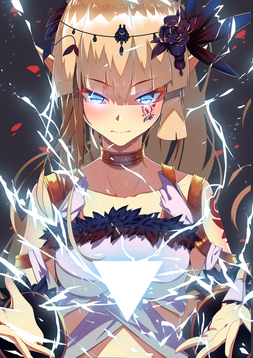 1girl, 3:<, absurdres, arms_at_sides, bangs, black_background, black_rose, blonde_hair