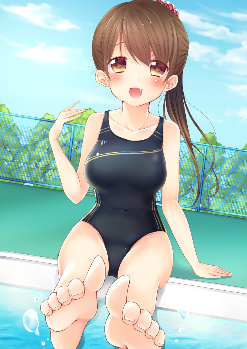1girl, :3, :d, bangs, blush, breasts, brown_eyes, brown_hair