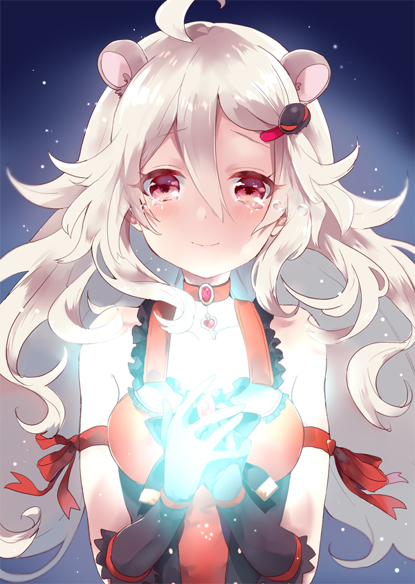 1girl, ahoge, aireen_(show_by_rock!!), animal_ears, black_gloves, blonde_hair, bow, choker