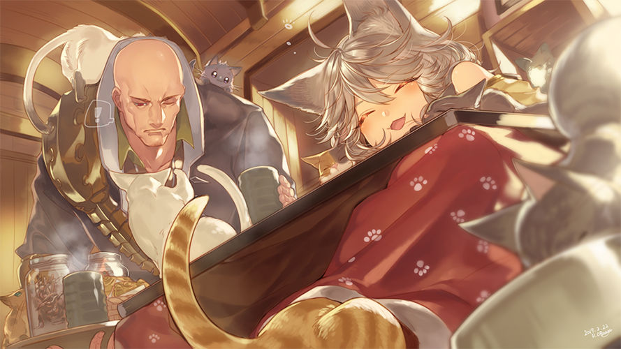 1boy, 1girl, animal_ears, bald, cat, cat_ears, closed_eyes, cup