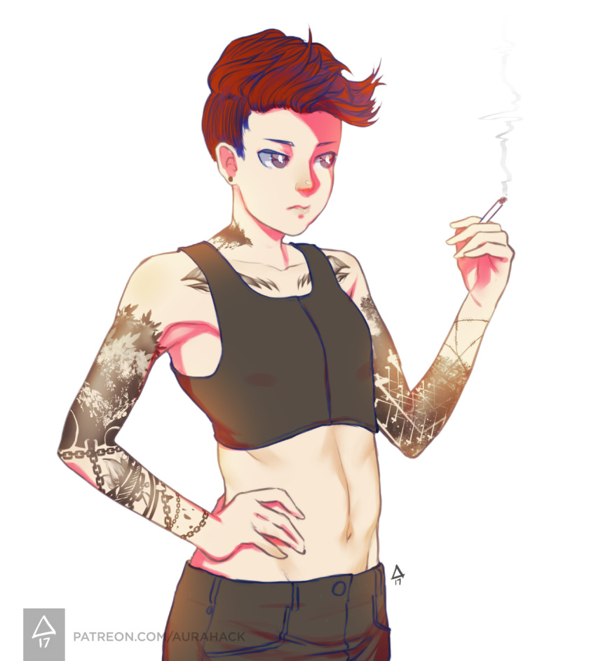 1girl, chest_binder, cigarette, collarbone, crop_top, erica_june_lahaie, groin, hand_on_hip, highres, midriff, navel, original, redhead, signature, smoke, solo, tattoo, upper_body, violet_eyes, watermark, web_address
