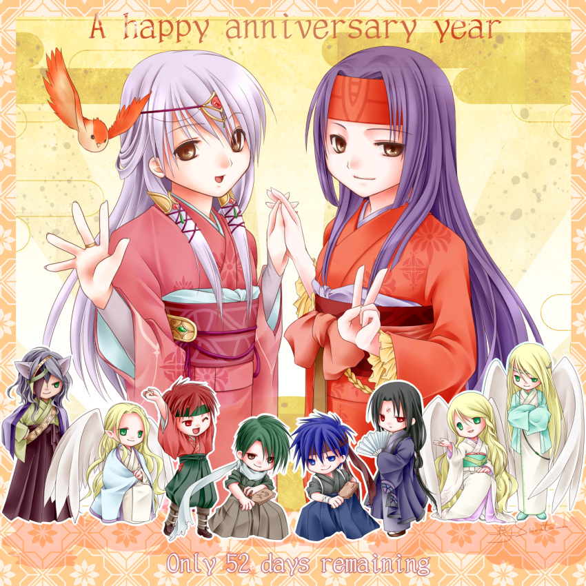 5girls, 6+boys, alternate_costume, anniversary, blonde_hair, blue_eyes, blue_hair, chibi