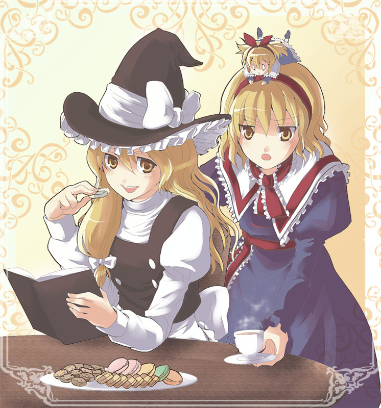 blonde_hair, checkerboard_cookie, cookie, cookies, eating, food, hairband, hat