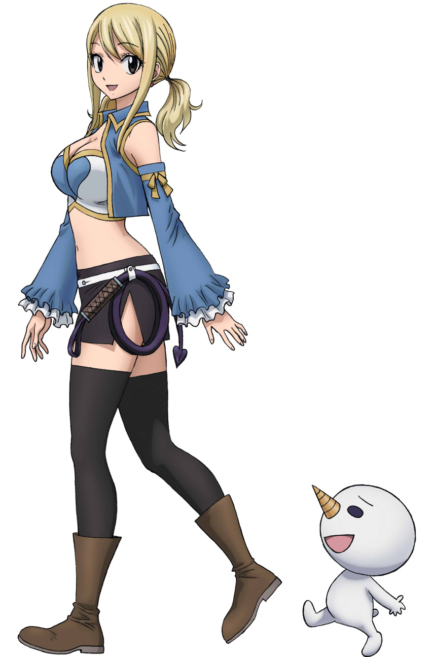 1girl, absurdres, blonde_hair, boots, breasts, brown_eyes, cleavage, cropped_jacket
