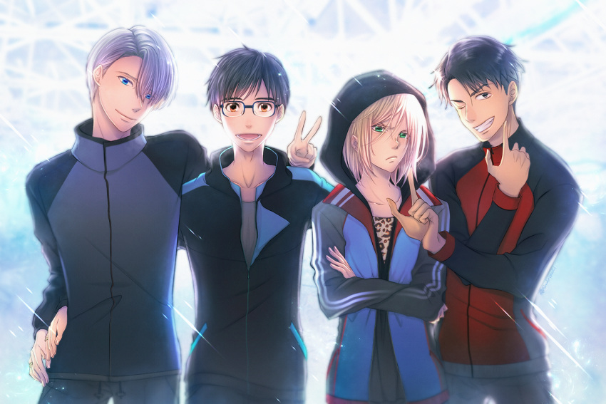 4boys, black_hair, blonde_hair, blue_eyes, brown_eyes, crossed_arms, eyes_visible_through_hair, glasses, green_eyes, grin, hair_over_one_eye, hand_on_another's_hip, hazuki_asuka, hood, it's_j.j._style!, jacket, jean-jacques_leroy, jewelry, katsuki_yuuri, male_focus, multiple_boys, one_eye_closed, open_mouth, ring, silver_hair, smile, track_jacket, v, viktor_nikiforov, yuri!!!_on_ice, yuri_plisetsky
