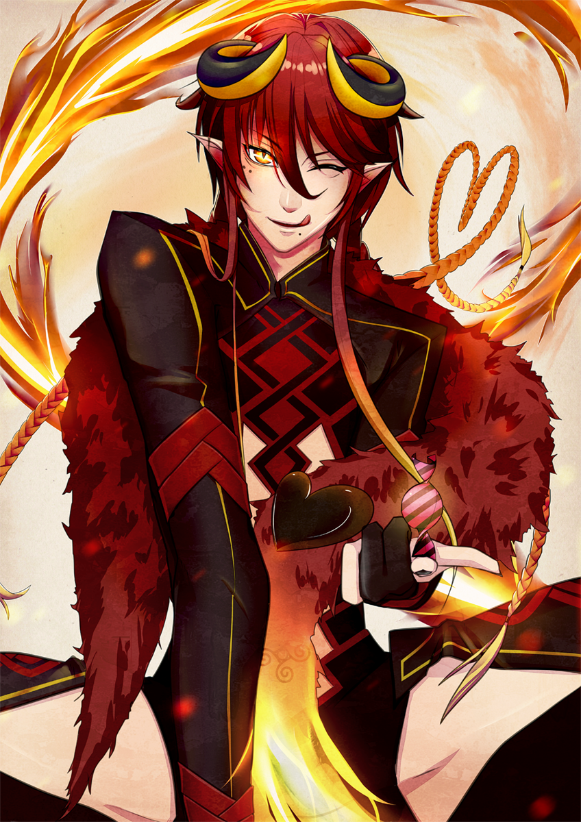 1boy, braid, candy, facial_mark, fire, food, fur_trim, heart