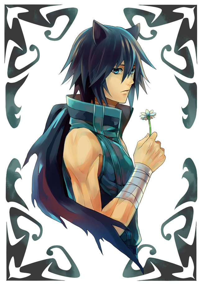 1boy, akke, animal_ears, asato_(lamento), bandage, black_hair, blue_eyes, cat_ears