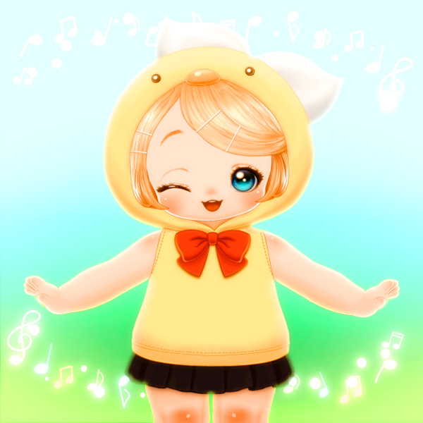 1girl, ;3, ;d, animal_hood, bangs, bare_arms, bare_shoulders, beamed_quavers, black_skirt, blonde_hair, blue_eyes, blush, bow, bowtie, cowboy_shot, dancing, full_body, gradient, gradient_background, hair_bow, hair_ornament, hairclip, happy, hood, hood_up, hoodie, kagamine_rin, looking_at_viewer, miniskirt, moe, musical_note, one_eye_closed, open_mouth, outstretched_arms, pleated_skirt, quaver, red_bow, red_bowtie, short_hair, skirt, sleeveless, smile, souri, standing, swept_bangs, tareme, toddler, treble_clef, vocaloid