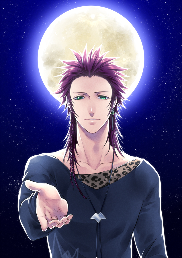 1boy, braid, dionysus_thyrsos, earrings, green_eyes, jewelry, kamigami_no_asobi, long_hair, male_focus, moon, necklace, night, night_sky, purple_hair, satsuki_yuu_(awairo), sky, solo, star_(sky), starry_sky, upper_body