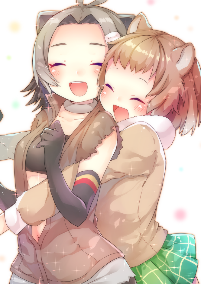 2girls, ^_^, ahoge, animal_ears, antenna_hair, arare_mochiko, bangs, bare_shoulders