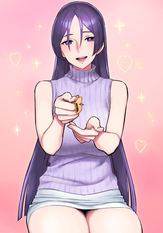 1girl, absurdly_long_hair, blush, fate/grand_order, fate_(series), long_hair, looking_at_viewer, minamoto_no_raikou_(fate/grand_order), nakuta, open_mouth, ribbed_sweater, sleeveless, sleeveless_turtleneck, smile, solo, sweater, turtleneck, very_long_hair, violet_eyes