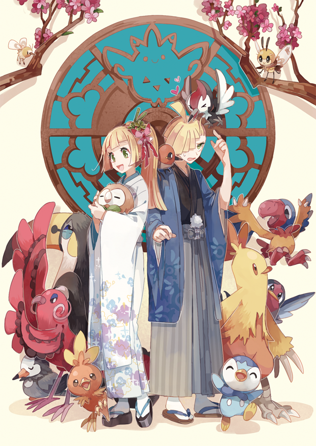 1boy, 1girl, archen, blonde_hair, brother_and_sister, combusken, cutiefly, fletchling