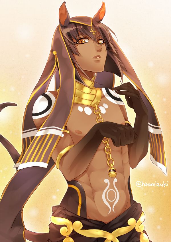1boy, abs, animal_ears, anubis_ma'at, artist_name, brown_hair, chains, dark_skin, dark_skinned_male, jewelry, kamigami_no_asobi, male_focus, mizuki_hau, necklace, orange_eyes, shirtless, solo, tail, tattoo, teeth, upper_body