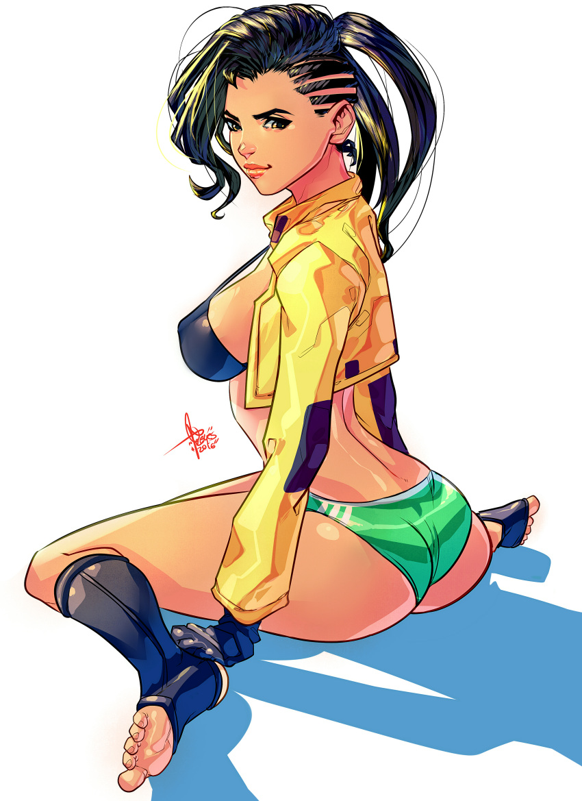 1girl, 2016, absurdres, arms_at_sides, ass, bikini, bikini_top, bikini_under_clothes, black_bikini_top, black_hair, breasts, buruma, carlos_javier, closed_mouth, cornrows, cropped_jacket, dated, feet, from_behind, gloves, highres, jacket, laura_matsuda, long_hair, long_sleeves, looking_back, medium_breasts, nail_polish, no_shoes, nose, open_clothes, open_jacket, pink_lips, pink_nails, shadow, shirt, sideboob, simple_background, sitting, smile, soles, solo, sports_bra, street_fighter, street_fighter_v, string_bikini, swimsuit, toeless_legwear, toenail_polish, toenails, toes, undercut, wariza, wavy_hair, white_background, yellow_eyes, yellow_jacket