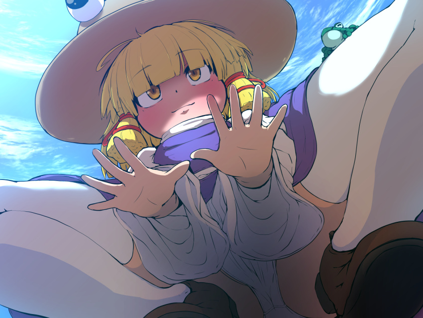 1girl, bangs, blonde_hair, blunt_bangs, blush, frog, hat, highres