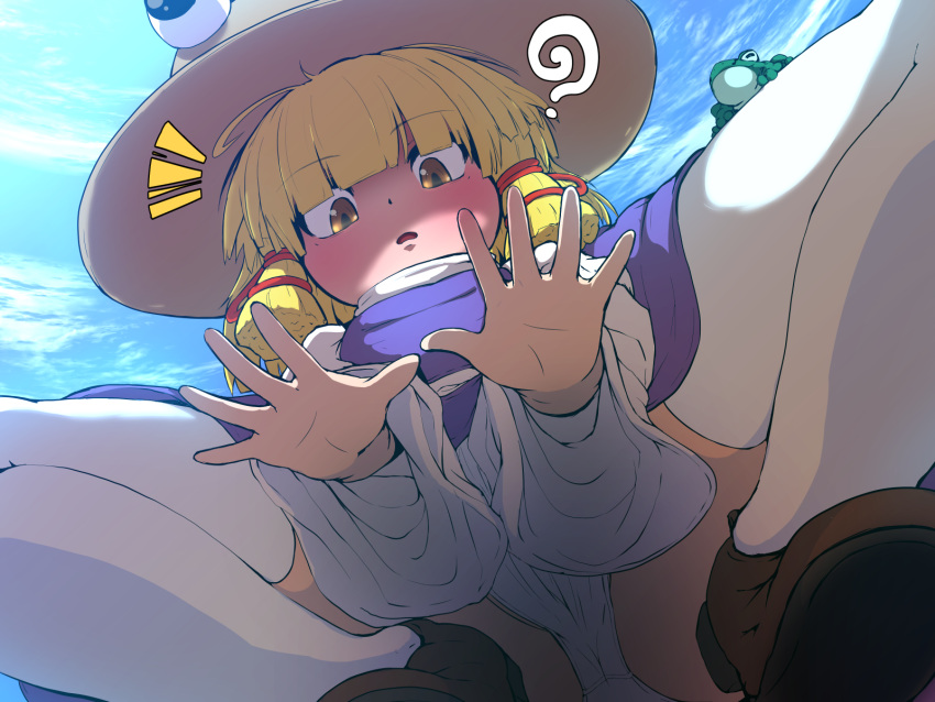 1girl, bangs, blonde_hair, blunt_bangs, blush, frog, hat, highres