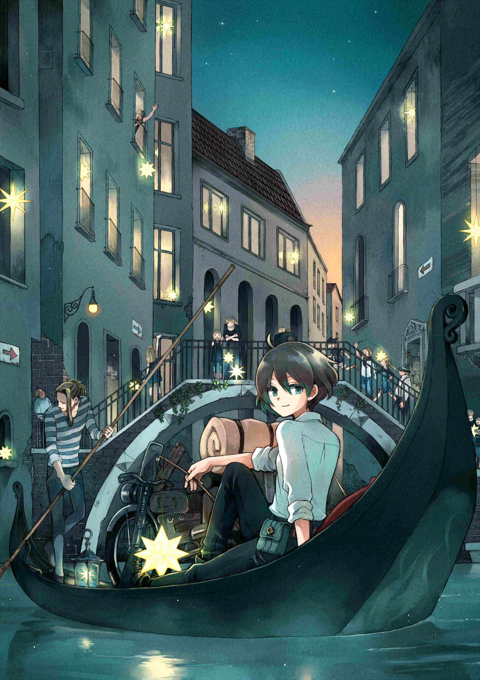 6+boys, 6+girls, arm_support, black_hair, blonde_hair, blurry, boat, bridge, brown_hair, child, city, closed_eyes, crossed_arms, dusk, gondola, green_eyes, ground_vehicle, hat, hermes, highres, kino, kino_no_tabi, lantern, long_hair, looking_back, mare_(pixiv), mother_and_daughter, motor_vehicle, motorcycle, multiple_boys, multiple_girls, old_man, plant, pouch, railing, river, running, scenery, sign, sitting, smile, star, star_(sky), suspenders, vines, water, watercraft, waving, window