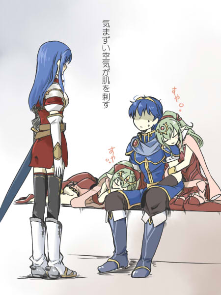 1boy, 3girls, bangs, blue_hair, blush, boots, cape, chiki