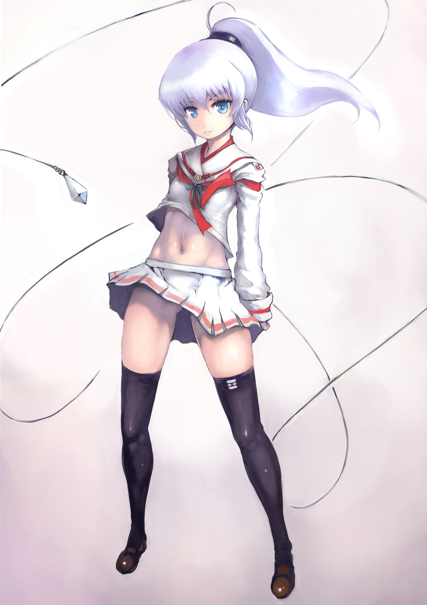 1girl, :<, ayakashibito, ball_and_chain, black_legwear, black_panties, blue_eyes, crop_top