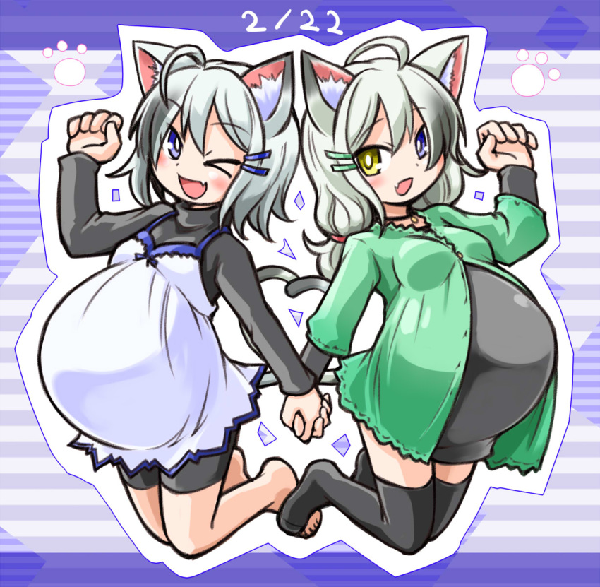 >_o, 2girls, animal_ears, barefoot, big_belly, bike_shorts, blue_eyes, cat_day, cat_ears, cat_tail, dated, dress, fang, hair_ornament, hairclip, hand_holding, highres, jewelry, jumping, kugelschreiber, multiple_girls, necklace, one_eye_closed, original, paw_pose, pregnant, silver_hair, tail, thigh-highs, turtleneck, yellow_eyes