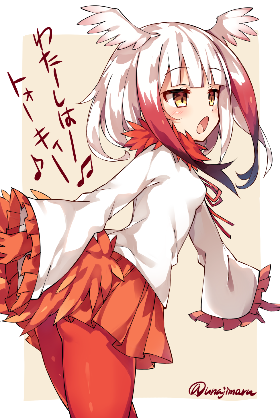 1girl, :o, beamed_quavers, commentary_request, cowboy_shot, crested_ibis_(kemono_friends), eyebrows_visible_through_hair, feather_trim