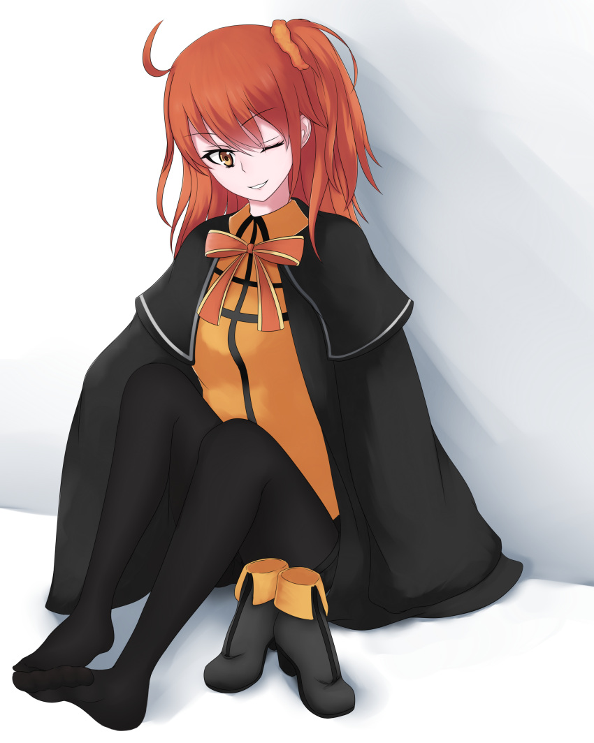 1girl, absurdres, ahoge, boots, boots_removed, capelet, eyebrows_visible_through_hair, fate/grand_order, fate_(series), fujimaru_ritsuka_(female), highres, one_eye_closed, orange_hair, pantyhose, shoes_removed, side_ponytail, smirk, solo, usagi_nabe, white_background, yellow_eyes