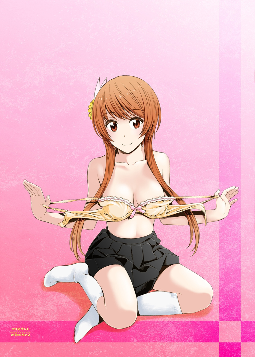 1girl, bare_shoulders, black_skirt, bra, breasts, brown_eyes, brown_hair, cleavage