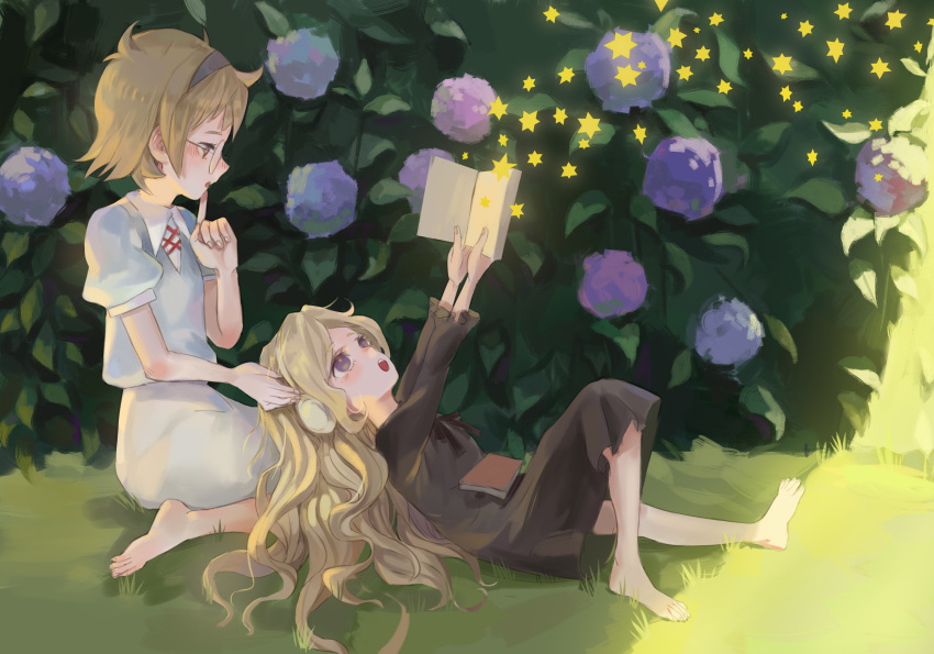 2girls, :o, absurdres, anabel_creme, barefoot, blonde_hair, blush, book