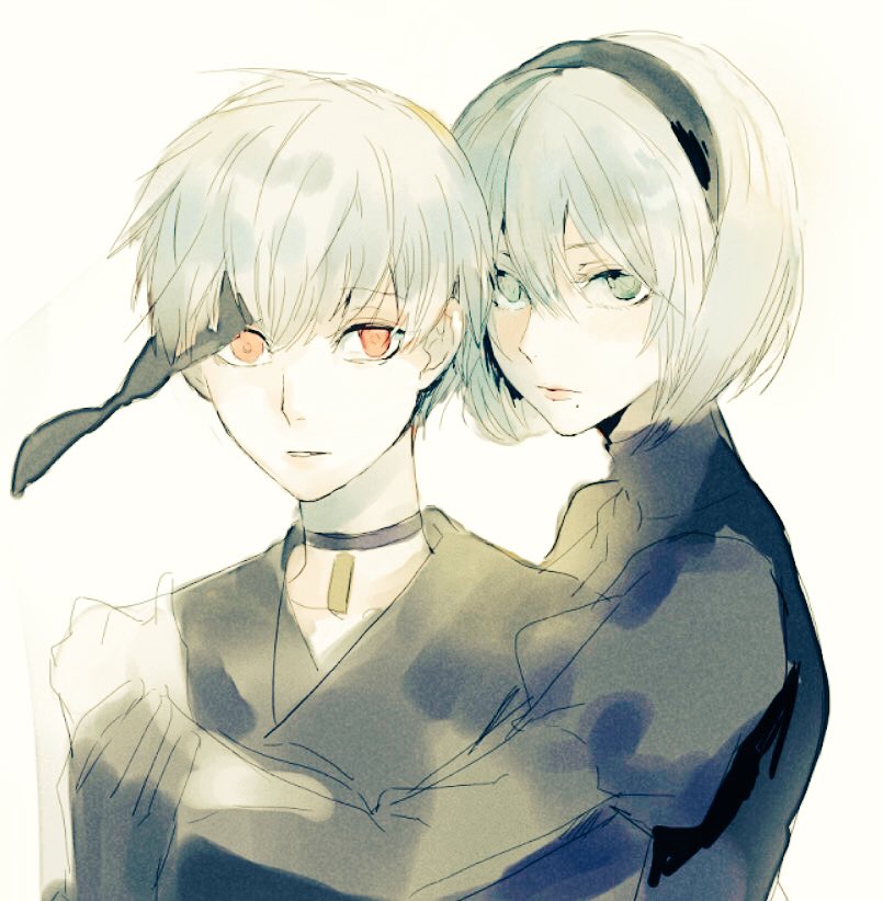 1boy, 1girl, bangs, black_choker, black_dress, black_hairband, black_jacket, blindfold_removed
