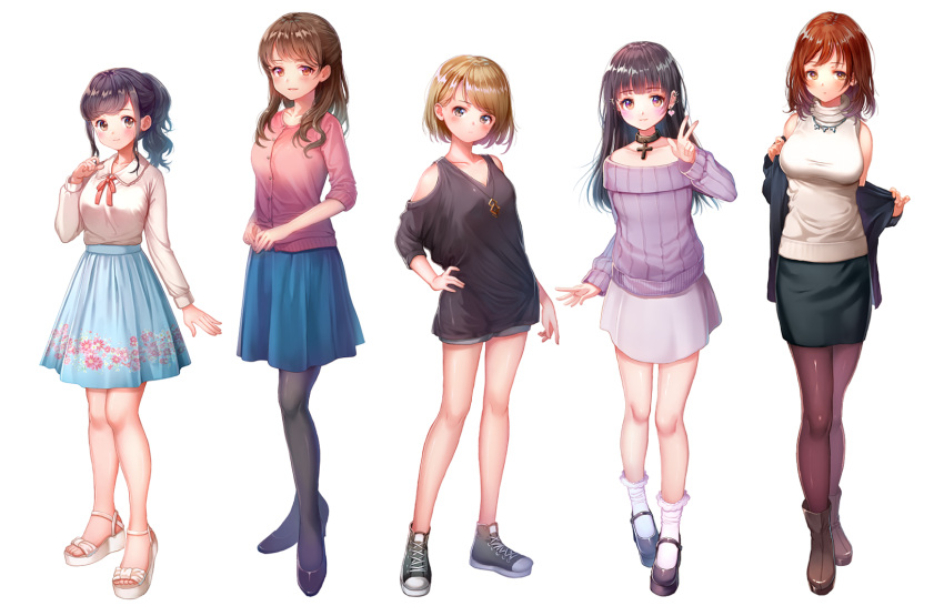 5girls, :o, ankle_boots, arm_at_side, bangs, bare_legs, bare_shoulders, black_eyes, black_hair, black_jacket, black_legwear, black_shoes, black_skirt, blouse, blue_skirt, blunt_bangs, bob_cut, boots, breasts, brown_boots, brown_eyes, brown_hair, brown_legwear, buttons, cardigan, closed_mouth, collar, collarbone, converse, cross, cross-laced_footwear, ear_piercing, earrings, eyebrows_visible_through_hair, eyelashes, fashion, floral_print, full_body, grey_shorts, half_updo, heart, heart_earrings, high_ponytail, highres, jacket, jewelry, legs_apart, light_brown_hair, light_smile, lineup, long_hair, long_sleeves, looking_at_viewer, medium_breasts, miniskirt, multiple_girls, neck_ribbon, necklace, nishizawa, off-shoulder_sweater, off_shoulder, open_clothes, open_jacket, original, own_hands_together, pantyhose, parted_lips, pencil_skirt, pendant, piercing, platform_footwear, ponytail, print_skirt, purple_skirt, purple_sweater, red_eyes, red_ribbon, redhead, ribbon, sandals, shiny, shiny_clothes, shiny_hair, shiny_skin, shoes, short_hair, short_shorts, shorts, shoulder_cutout, sidelocks, simple_background, skirt, sleeveless, sleeves_past_elbows, smile, sneakers, socks, standing, sweat, sweater, turtleneck, turtleneck_sweater, undressing, v-neck, w, white_background, white_blouse, white_legwear, white_sweater