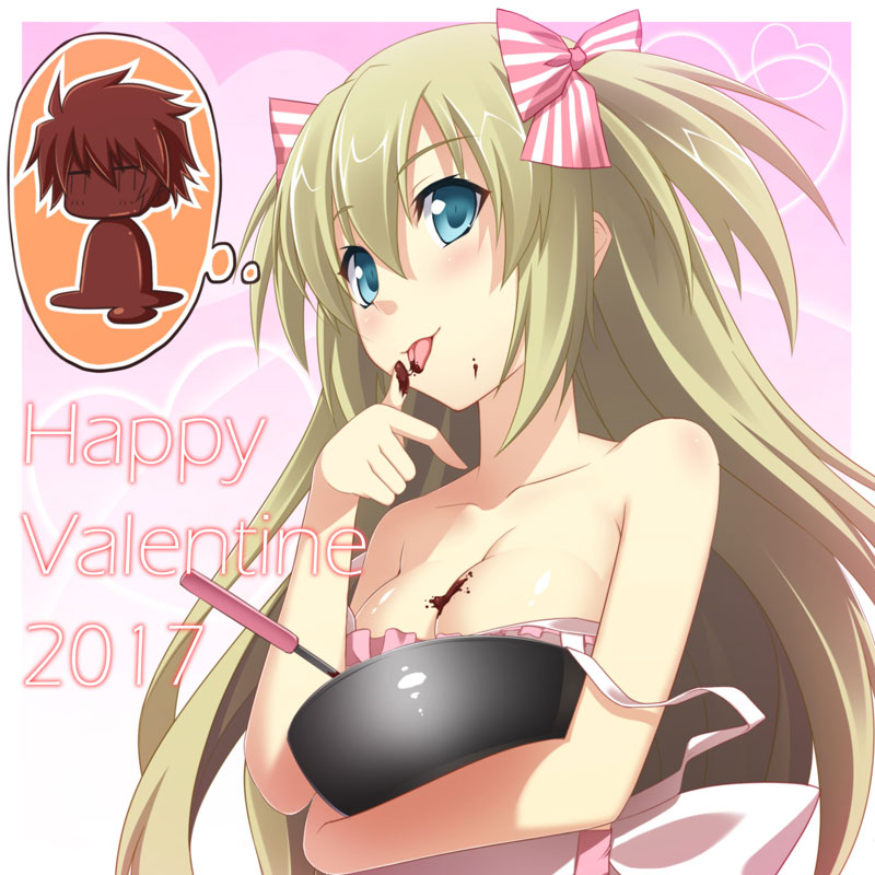 1girl, 2017, :p, apron, artist_request, bare_shoulders, blonde_hair, blue_eyes