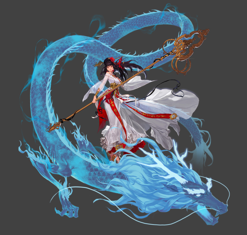 1girl, artist_request, bare_shoulders, black_background, black_eyes, black_hair, bracelet, breasts, creature, dragon, dungeon_and_fighter, eastern_dragon, female_priest_(dungeon_and_fighter), flower, full_body, grey_background, hair_flower, hair_ornament, hair_stick, hairpin, highres, holding, holding_staff, japanese_clothes, jewelry, kimono, lips, long_hair, long_sleeves, looking_at_viewer, medium_breasts, no_socks, obi, official_art, oversized_object, parted_lips, red_lips, sandals, sash, scales, see-through, shaman_(dungeon_and_fighter), simple_background, smile, staff, standing, tassel, white_kimono, wide_sleeves