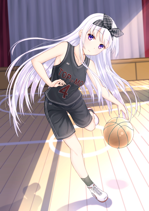 1girl, basketball, basketball_uniform, black_legwear, black_shorts, dribbling, full_body, gymnasium, hairband, indoors, long_hair, looking_at_viewer, original, running, shadow, shiu_(kuronaito), shoes, shorts, sneakers, socks, solo, sportswear, violet_eyes, white_hair, white_shoes