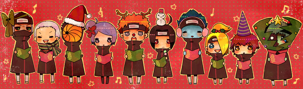 akatsuki_(naruto), black_hair, blonde_hair, blue_eyes, blue_hair, blue_skin, bow, christmas