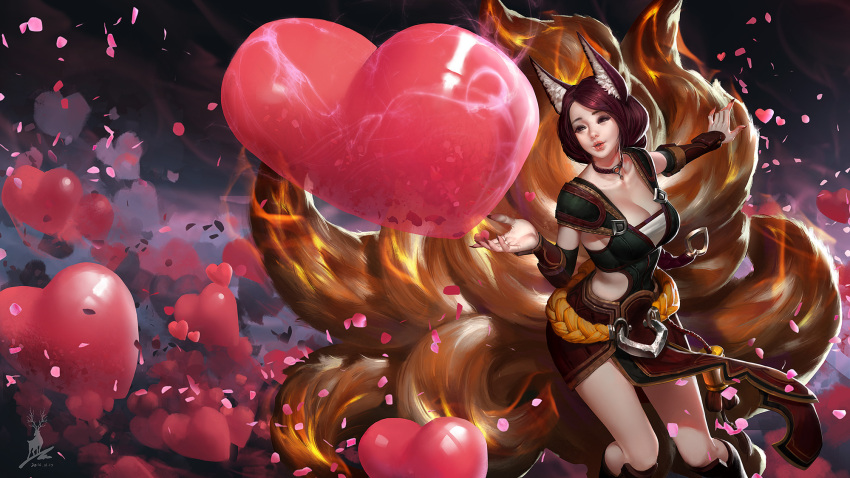 1girl, 2016, ahri, alternate_costume, animal_ears, artist_name, blown_kiss, breasts