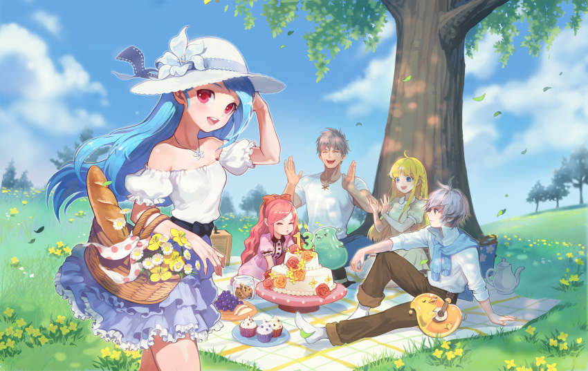 2boys, 3girls, :d, ahoge, anais_del_caril, baguette, bare_shoulders, basket