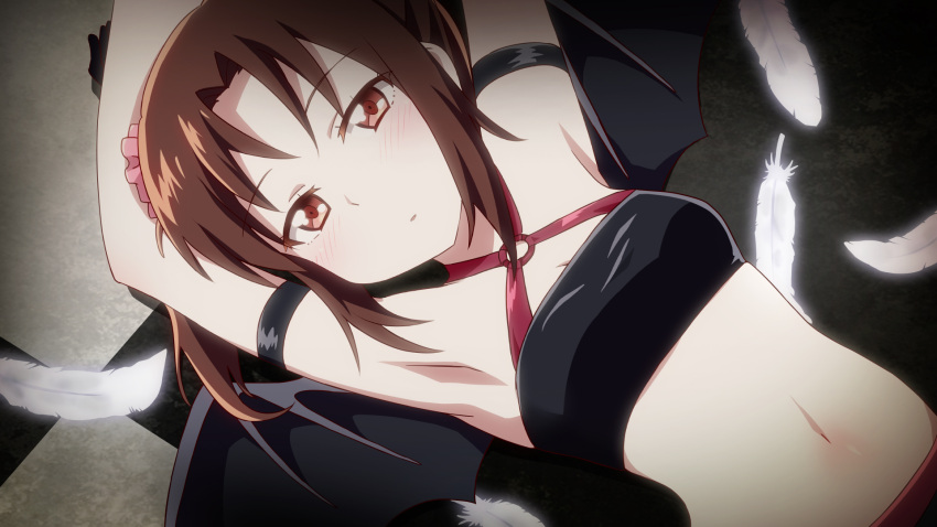 1girl, armband, armpits, arms_up, bandeau, blush, brown_eyes, brown_hair, colored_eyelashes, commentary_request, cosplay, demon_wings, feathers, from_above, gabriel_dropout, hair_ornament, hair_scrunchie, hallelujah_essaim, halterneck, harayui_lab, highres, kin-iro_mosaic, kuzehashi_akari, looking_at_viewer, lying, navel, o-ring_top, on_back, on_ground, oonishi_saori, parted_lips, scrunchie, seiyuu_connection, side_ponytail, solo, tile_floor, tiles, tsukinose_vignette_april, tsukinose_vignette_april_(cosplay), wings
