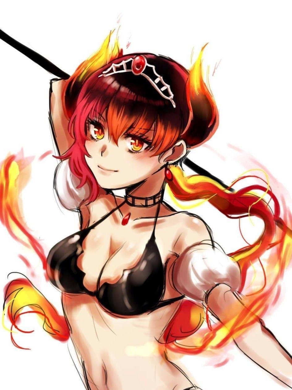 1girl, bikini_top, fire, highres, kuya_(hey36253625), mahou_shoujo_ikusei_keikaku, mahou_shoujo_ikusei_keikaku_jokers, polearm