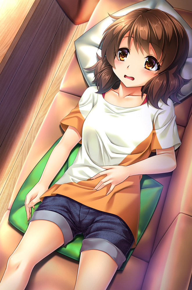 1girl, brown_eyes, brown_hair, casual, couch, denim, denim_shorts, floor
