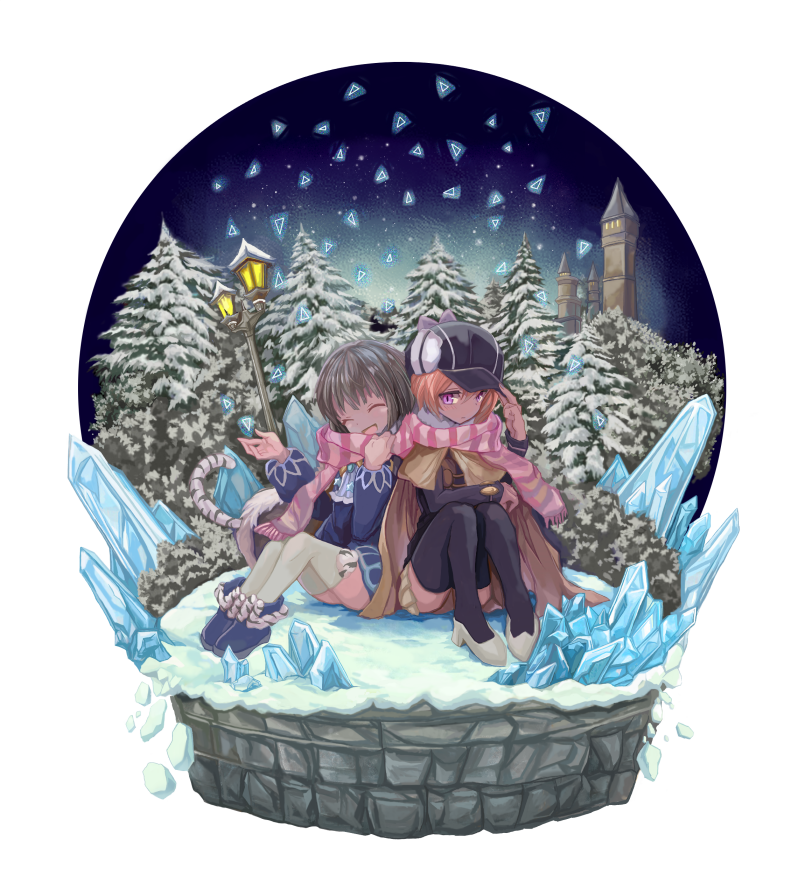 2girls, black_hair, cape, closed_eyes, crystal, detick_bell, hat, lapis_lazuline, mahou_shoujo_ikusei_keikaku, mahou_shoujo_ikusei_keikaku_restart, multiple_girls, pillowtoo, pink_hair, scarf, shared_scarf, short_hair, sitting, smile, snow, thigh-highs, tree