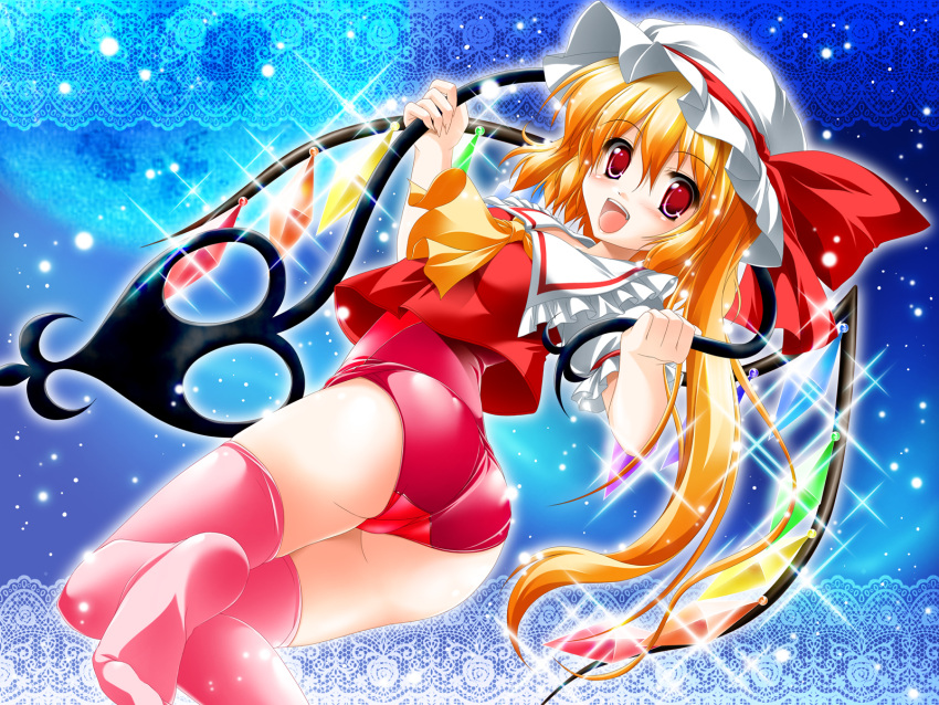 blonde_hair, flandre_scarlet, glitter, highres, kamiya_tomoe, laevatein, no_pants, one-piece_swimsuit, pink_legwear, red_eyes, red_school_swimsuit, school_swimsuit, smile, sparkle, swimsuit, thigh-highs, thighhighs, touhou