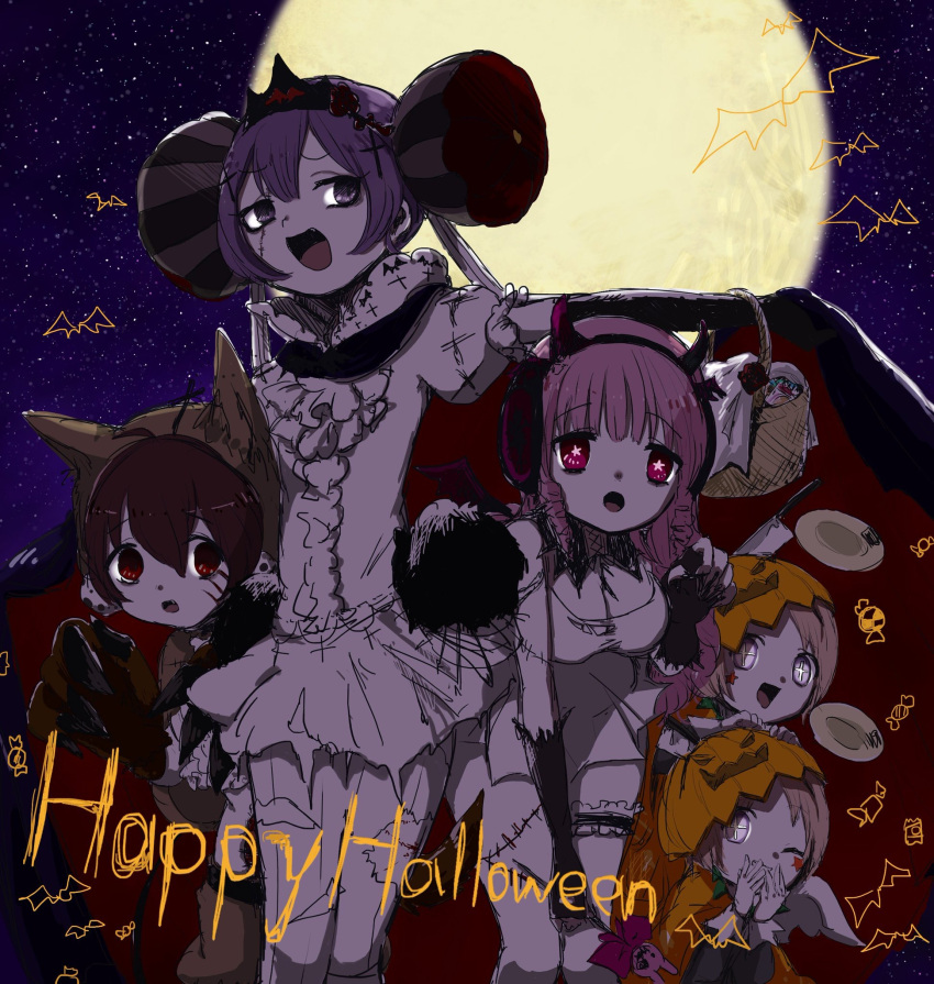 5girls, full_moon, halloween, halloween_costume, highres, mahou_shoujo_ikusei_keikaku, minael, moon