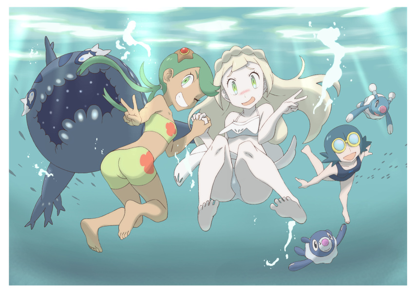3girls, :d, ;), ass, bare_arms, bare_legs, bikini, blonde_hair, blue_hair, blush, brionne, full_body, green_eyes, green_hair, grin, hair_ornament, hand_holding, highres, interlocked_fingers, knees_up, lillie_(pokemon), long_hair, looking_at_viewer, mallow_(pokemon), multiple_girls, nomura_(buroriidesu), ocean, one-piece_swimsuit, one_eye_closed, open_mouth, pale_skin, pokemon, pokemon_(anime), pokemon_(creature), pokemon_sm_(anime), popplio, smile, soles, staryu, suiren_(pokemon), swimming, swimsuit, trial_captain, twintails, underwater, v, wishiwashi